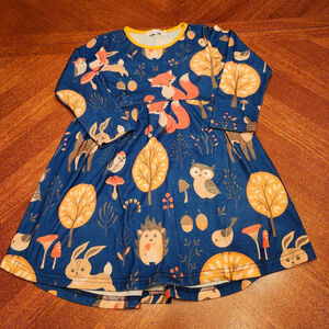 Girls Sunshine Swing Casual Dress Size 5 Blue Orange Woodland Print A2